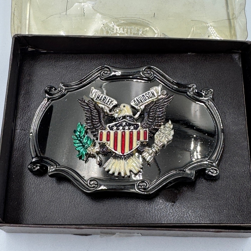 Vintage 1978 Raintree Harley Davidson Eagle Belt Buckle Black‎ Enamel Americana